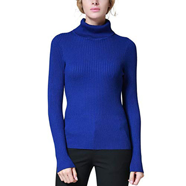 Women's Stripe Ribbed Stretch Cashmere Turtleneck Sweater